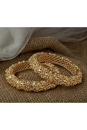 Gold Finish Textured Bangles (Set Of 2)