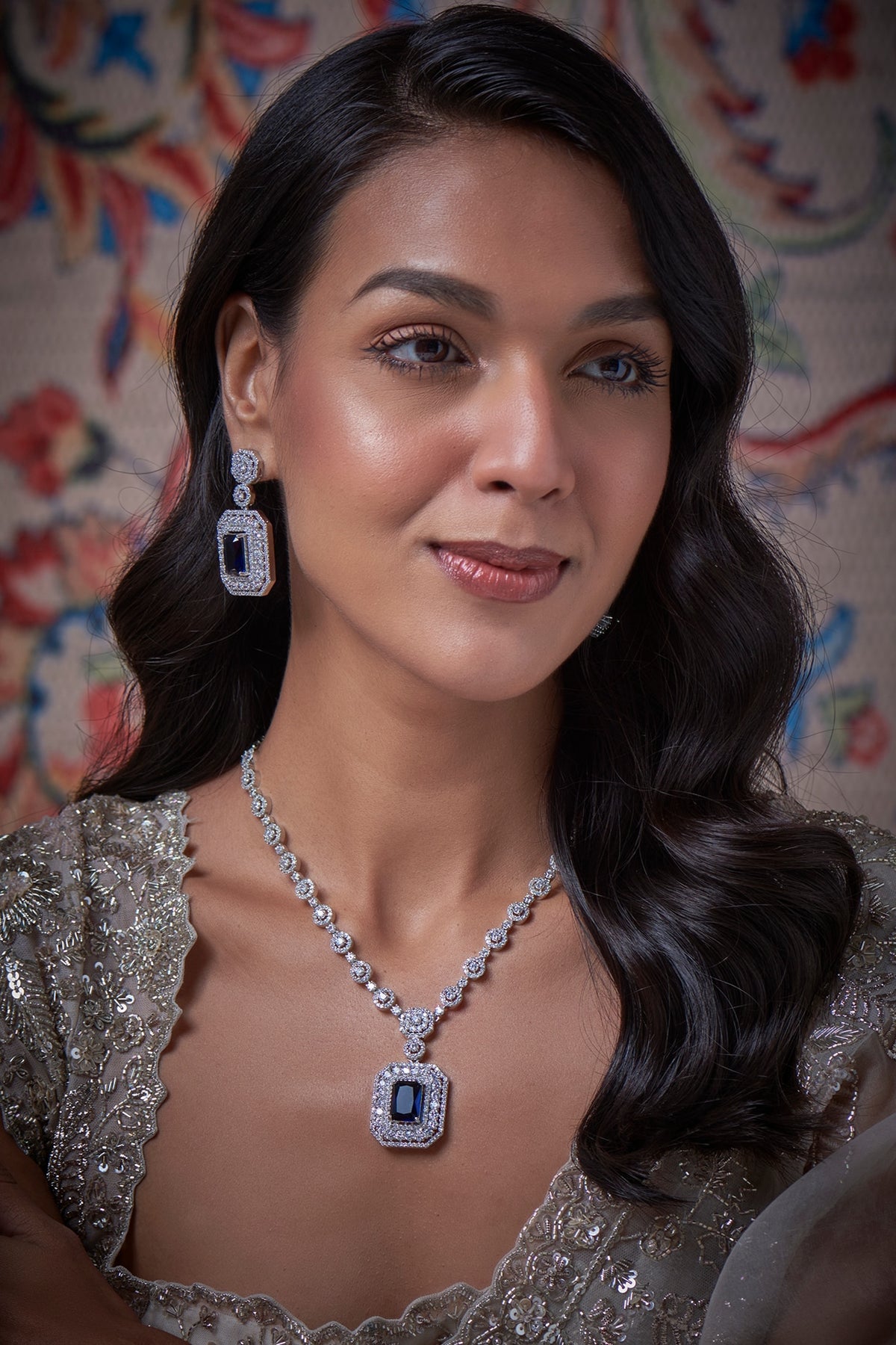 White Finish Zircon Long Necklace Set