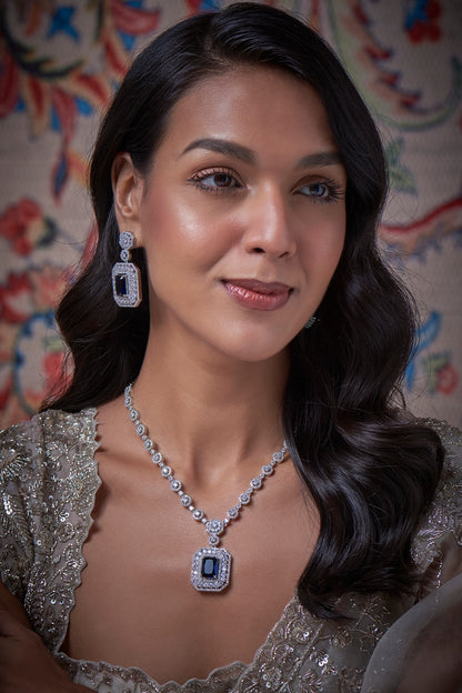 White Finish Zircon Long Necklace Set