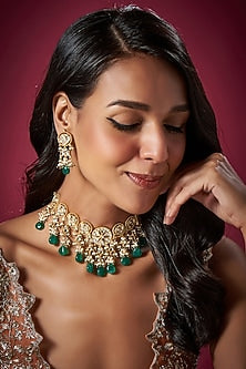 Gold Finish Kundan Polki & Green Beaded Choker Necklace Set