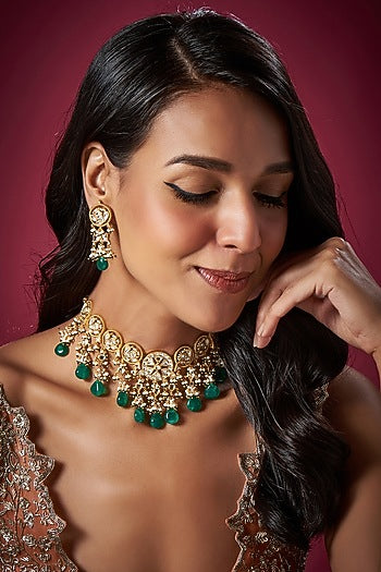 Gold Finish Kundan Polki & Green Beaded Choker Necklace Set