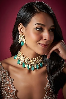 Gold Finish Kundan Polki & Green Beaded Choker Necklace Set