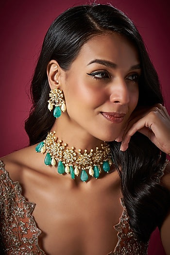 Gold Finish Kundan Polki & Green Beaded Choker Necklace Set
