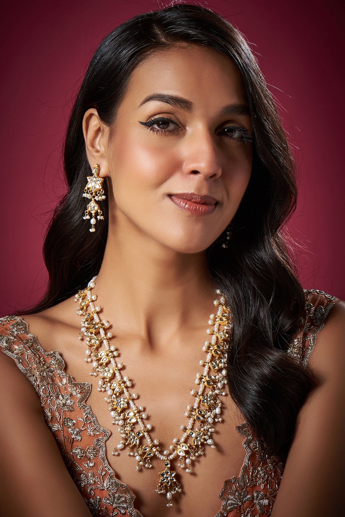 Gold Finish White Kundan Polki & Pearl Necklace Set