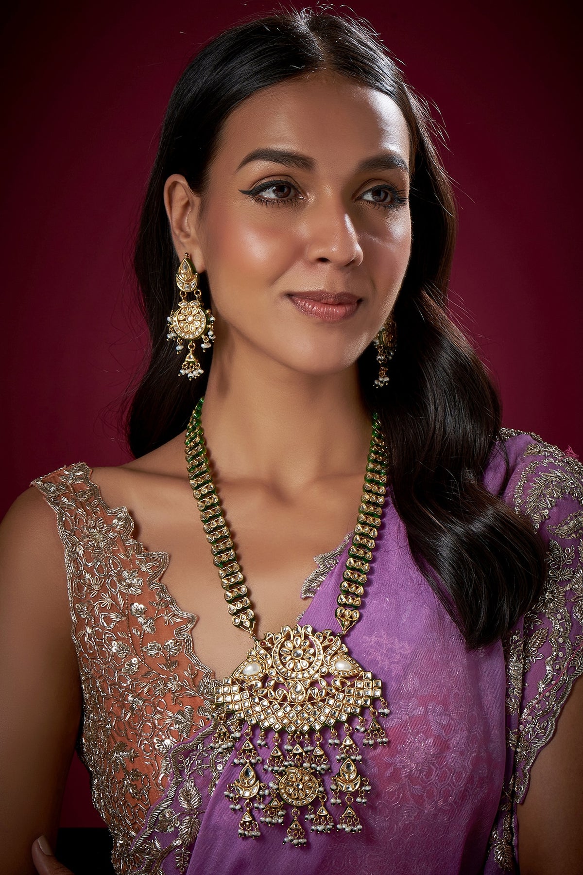 Gold Finish Kundan Long Necklace Set