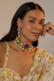 Gold Finish Purple Kundan Polki & Pearl Choker Necklace Set