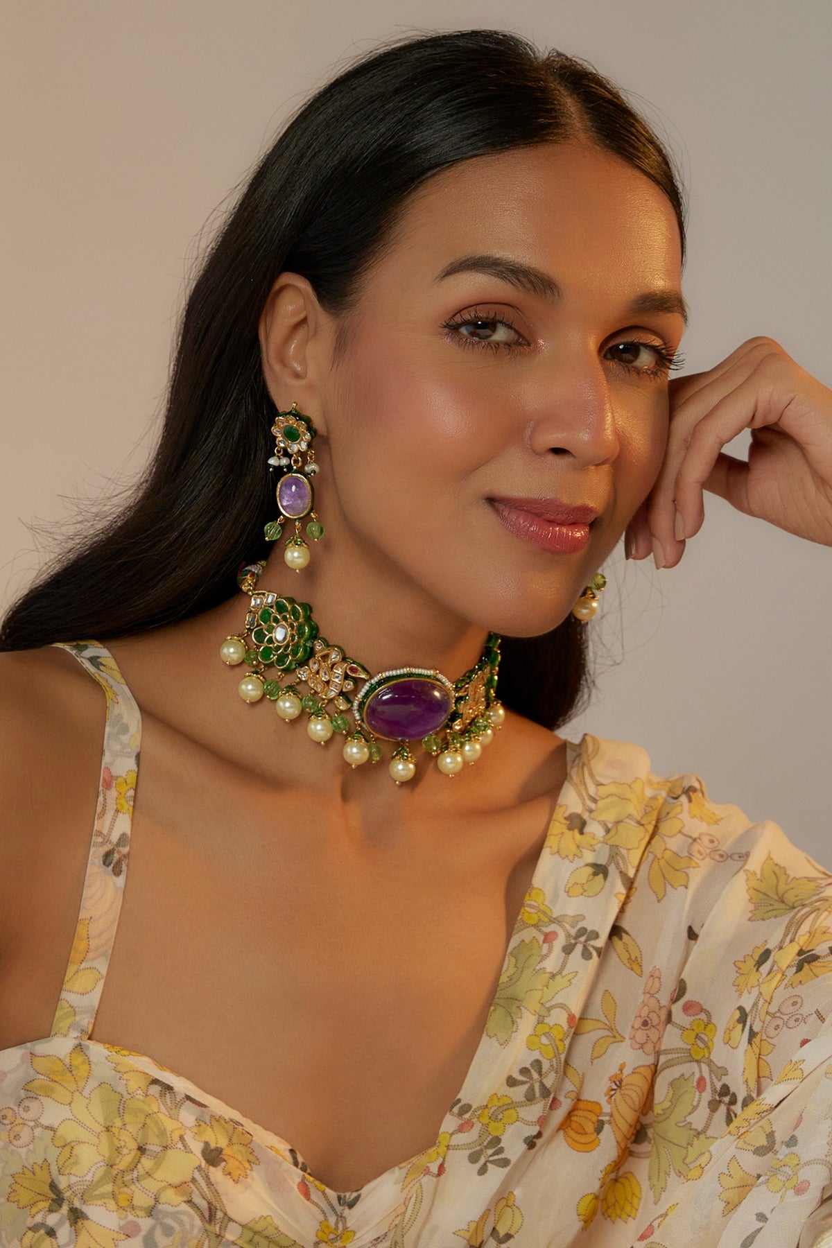 Gold Finish Purple Kundan Polki & Pearl Choker Necklace Set