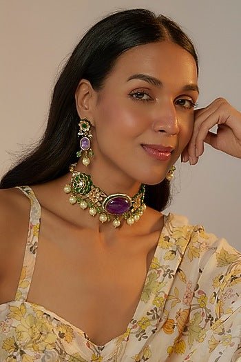 Gold Finish Purple Kundan Polki & Pearl Choker Necklace Set