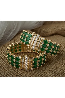 Gold Finish Kundan Polki & Green Stone Bangles (Set Of 2)