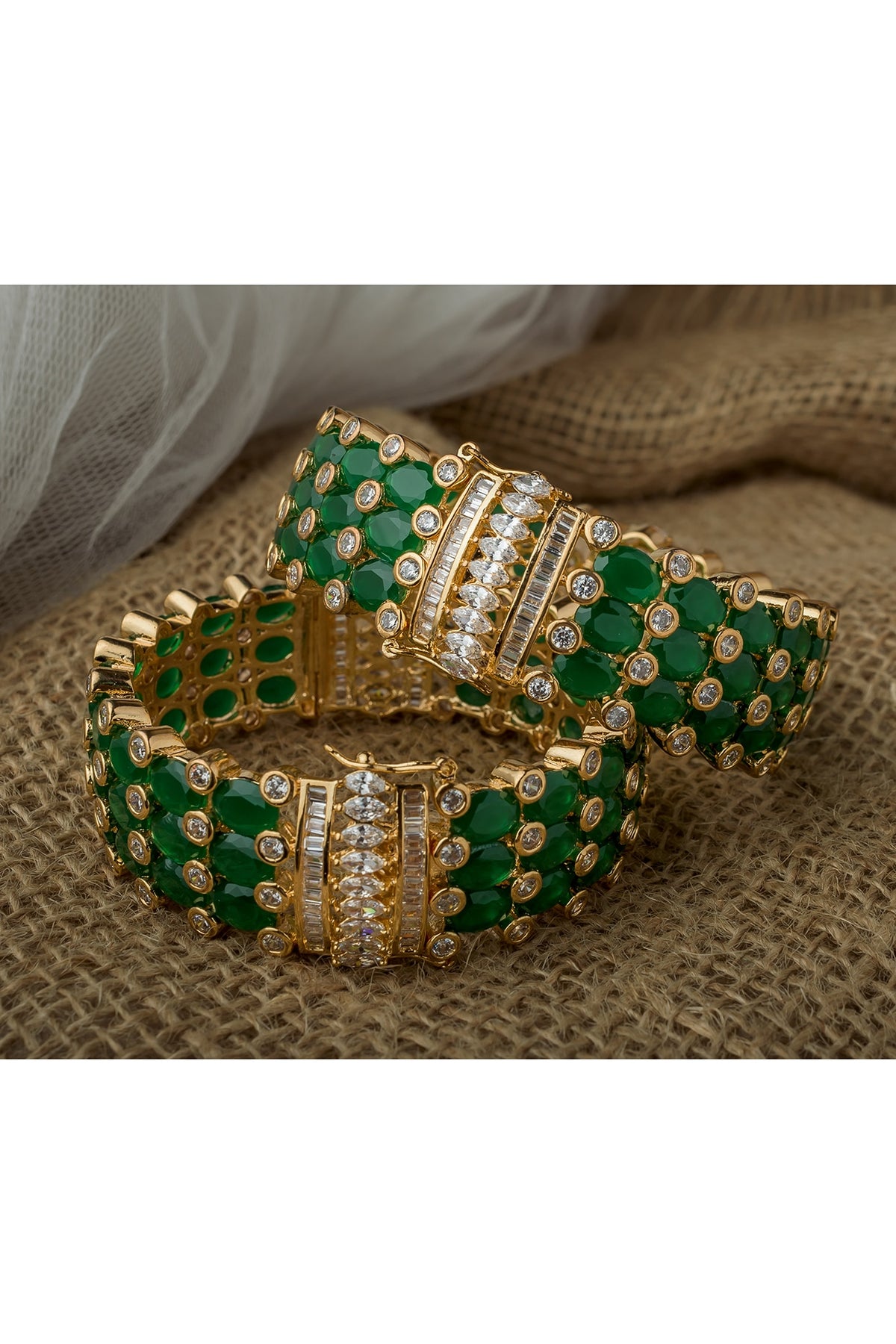 Gold Finish Kundan Polki & Green Stone Bangles (Set Of 2)