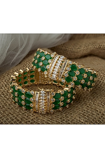 Gold Finish Kundan Polki & Green Stone Bangles (Set Of 2)
