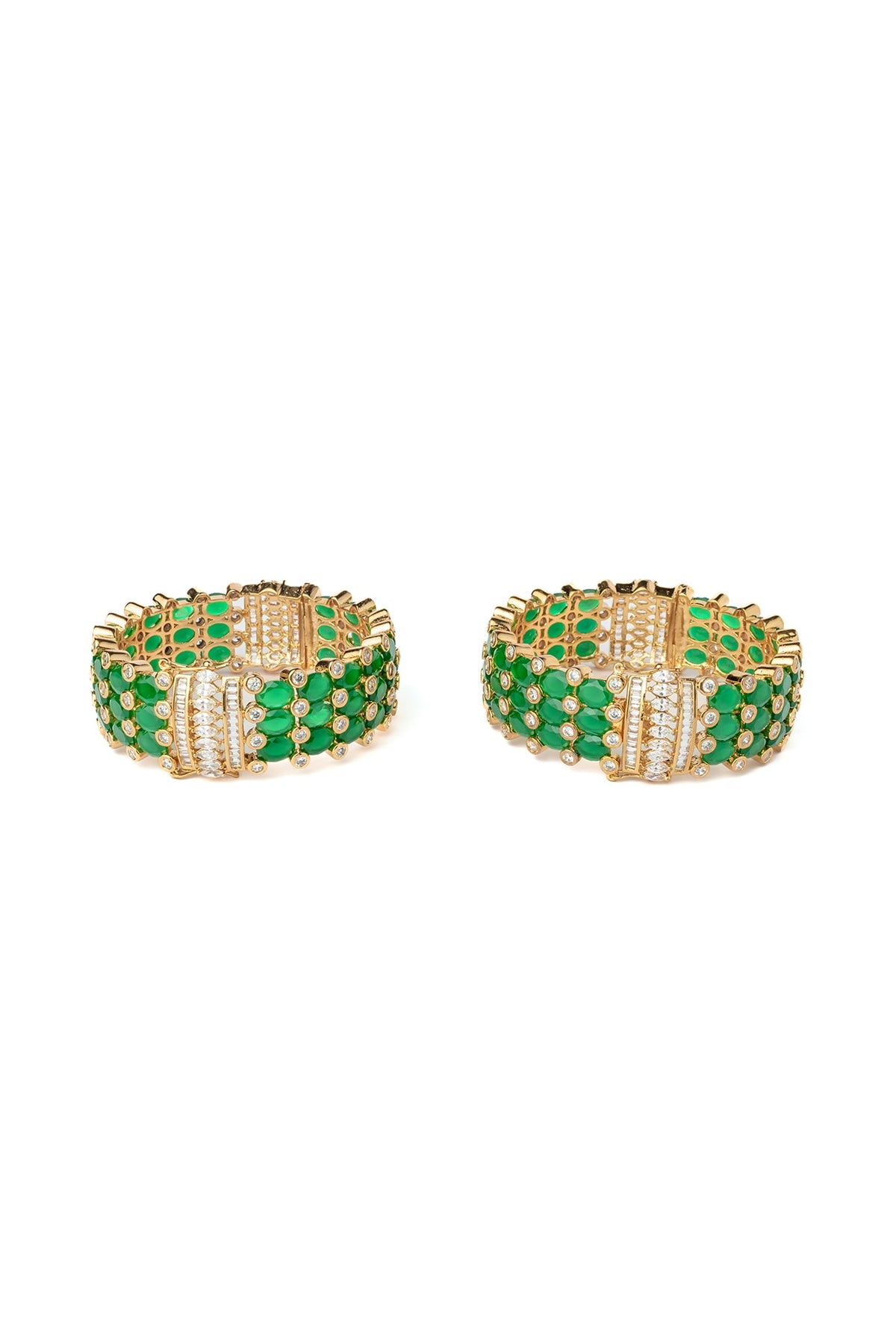 Gold Finish Kundan Polki & Green Stone Bangles (Set Of 2)