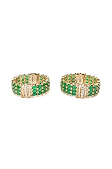 Gold Finish Kundan Polki & Green Stone Bangles (Set Of 2)