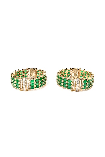 Gold Finish Kundan Polki & Green Stone Bangles (Set Of 2)
