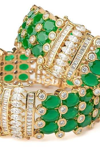 Gold Finish Kundan Polki & Green Stone Bangles (Set Of 2)