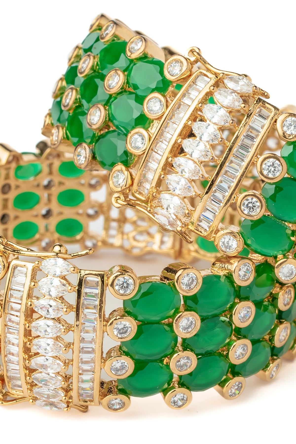 Gold Finish Kundan Polki & Green Stone Bangles (Set Of 2)