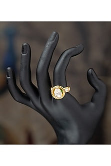 Gold Plated Moissanite Polki & Blue Synthetic Stone Ring In Sterling Silver
