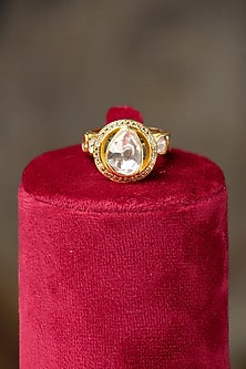 Gold Plated Moissanite Polki & Blue Synthetic Stone Ring In Sterling Silver