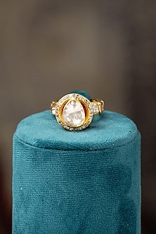Gold Plated Moissanite Polki & Blue Synthetic Stone Ring In Sterling Silver