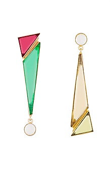 Gold Plated Handmade Pink Quartz & Emerald Geometric Earrings