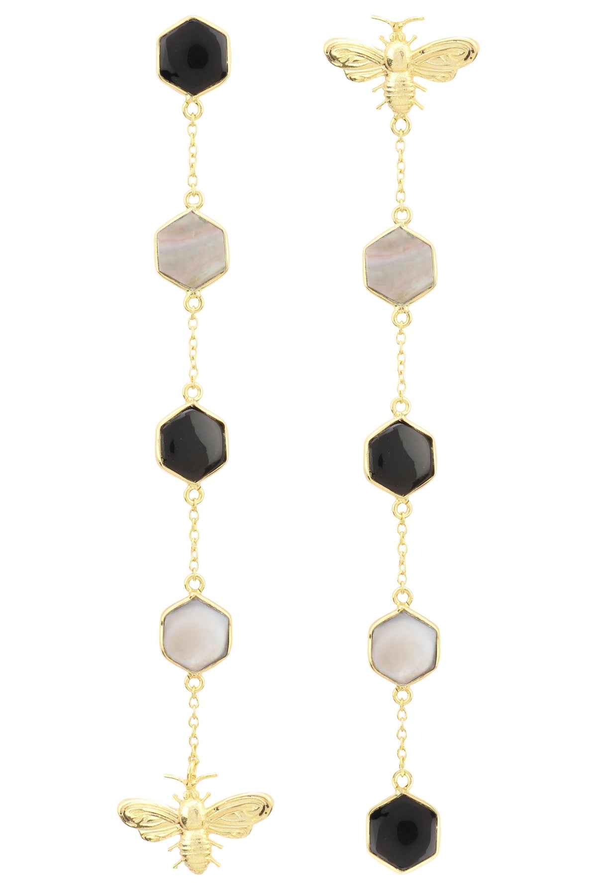 Gold Plated Black Onyx and Mother Of Pearl Beeline Earrings