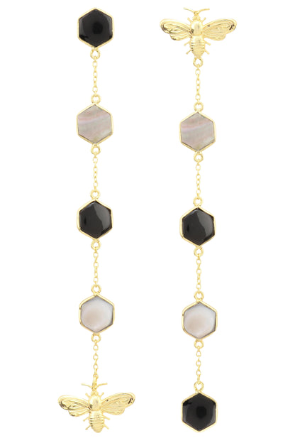 Gold Plated Black Onyx and Mother Of Pearl Beeline Earrings