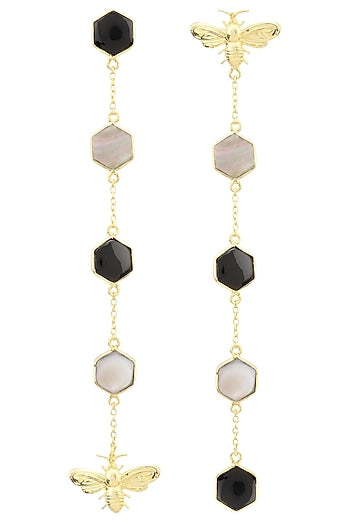 Gold Plated Black Onyx and Mother Of Pearl Beeline Earrings