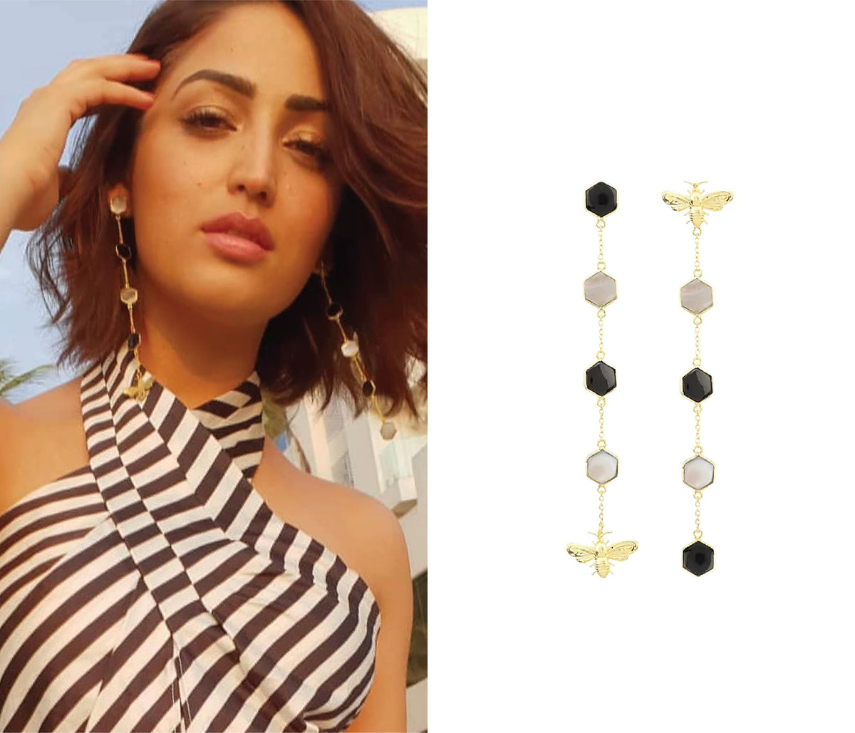 Gold Plated Black Onyx and Mother Of Pearl Beeline Earrings