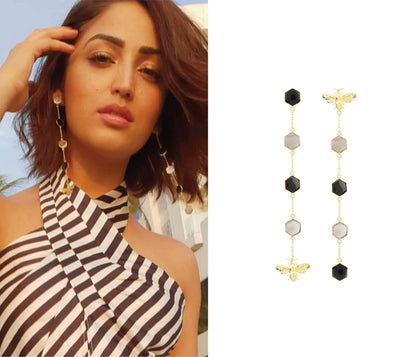 Gold Plated Black Onyx and Mother Of Pearl Beeline Earrings