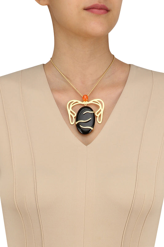 Gold Plated Black Onyx and Carnelian Pendant Necklace