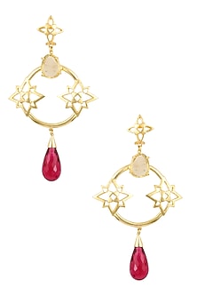 Gold Plated Lemon Quartz and Pink Quartz Stone Statement Earrings