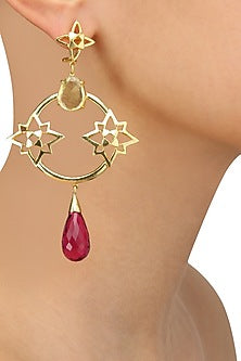 Gold Plated Lemon Quartz and Pink Quartz Stone Statement Earrings