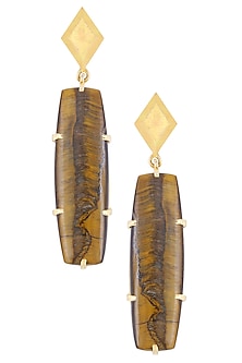 Gold Plated Cabochon Stone and Tiger's Eye Statement Earrings