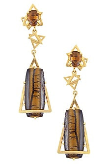 Gold Plated Cabochon Stone Tiger's Eye and Cut Smokey Quartz Earrings