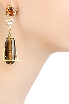 Gold Plated Cabochon Stone Tiger's Eye and Cut Smokey Quartz Earrings