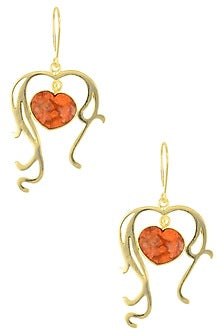 Gold Plated Heart Cut Stone Coral Statement Sweetheart Earrings