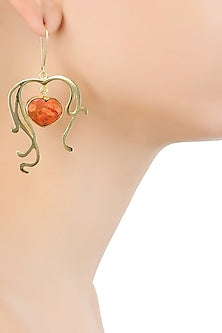 Gold Plated Heart Cut Stone Coral Statement Sweetheart Earrings