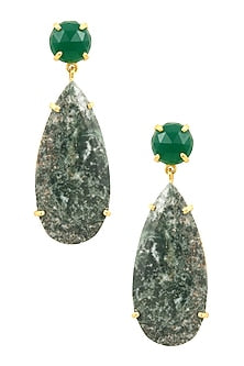 Gold Plated Moss Agate Semi Precious Stone Statement Earrings