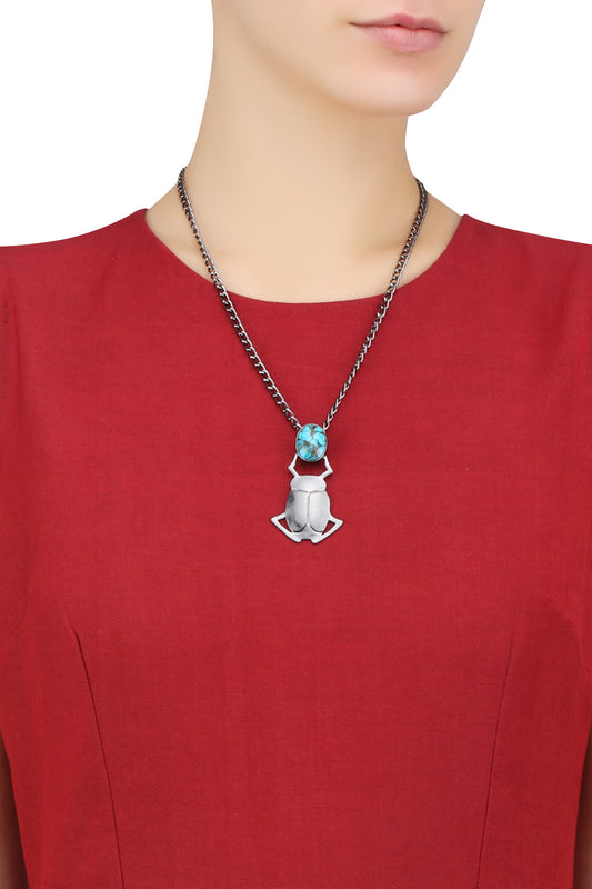 Black Plated Blue Mohave Turquoise Insect Pendant Statement Necklace