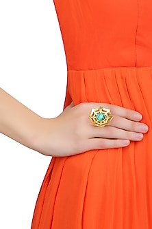 Gold Plated Malachite Semiprecious Stone Statement Spider Ring