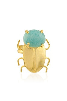 Gold Plated Amazonite Semiprecious Stone Statement Beetle Ring