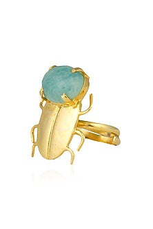 Gold Plated Amazonite Semiprecious Stone Statement Beetle Ring