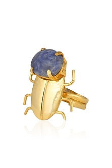 Gold Plated Sodalite Semiprecious Stone Statement Beetle Ring