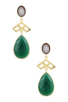 Gold Plated Empress's Black Mother Of Pearl and Green Onyx Drops Earrings
