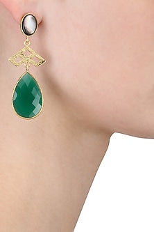 Gold Plated Empress's Black Mother Of Pearl and Green Onyx Drops Earrings