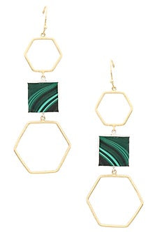Gold and Silver Finish Malachite Stone Hexagon Earrings