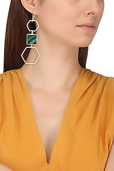 Gold and Silver Finish Malachite Stone Hexagon Earrings