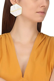 Gold Finish White Mother Of Pearl Hexagon Earrings