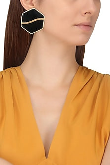 Gold Finish Black Mother Of Pearl Hexagon Earrings