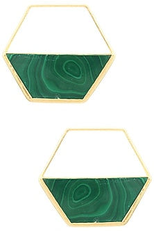Gold Finish Malachite Encrusted Hexagon Earrings